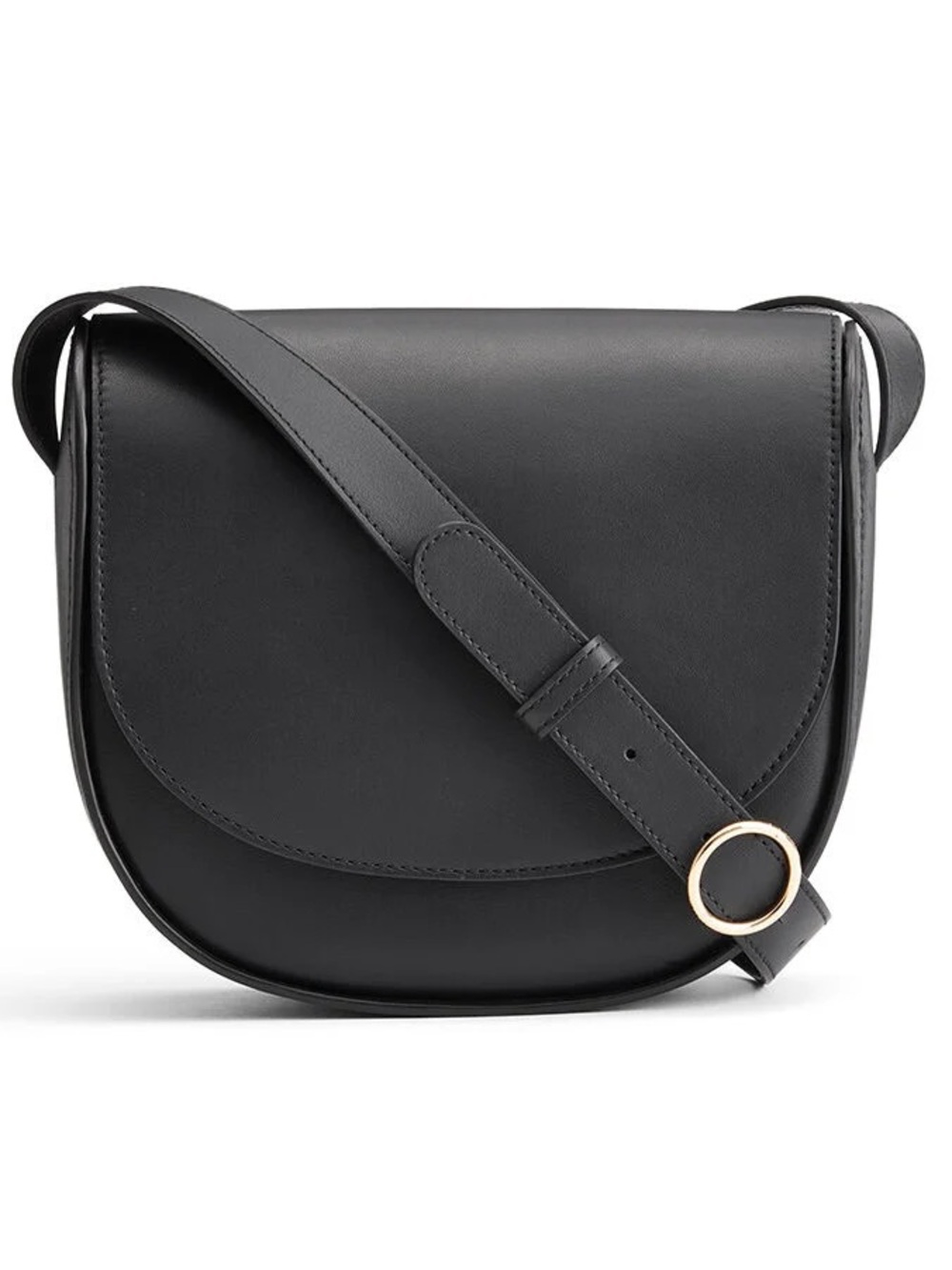 Cuyana Black Leather Modern Saddle Crossbody with Gold Ring